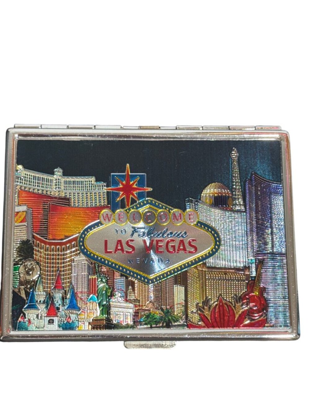 Las Vegas Compact Mirror Embossed Silver Cityscape Business Card Holder NWOT